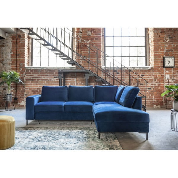 Tmavě modrá sametová rozkládací rohová pohovka (pravý roh) Lofty Lilly – Miuform-image-1