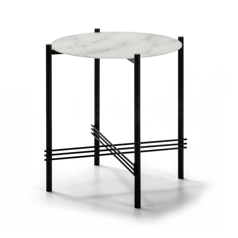 Bílo-černý odkládací stolek se skleněnou deskou v mramorovém dekoru Marckeric, ø 47 cm