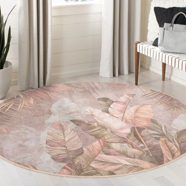 Světle růžový pratelný kulatý koberec ø 100 cm Dusty Leaves – Mila Home-image-3