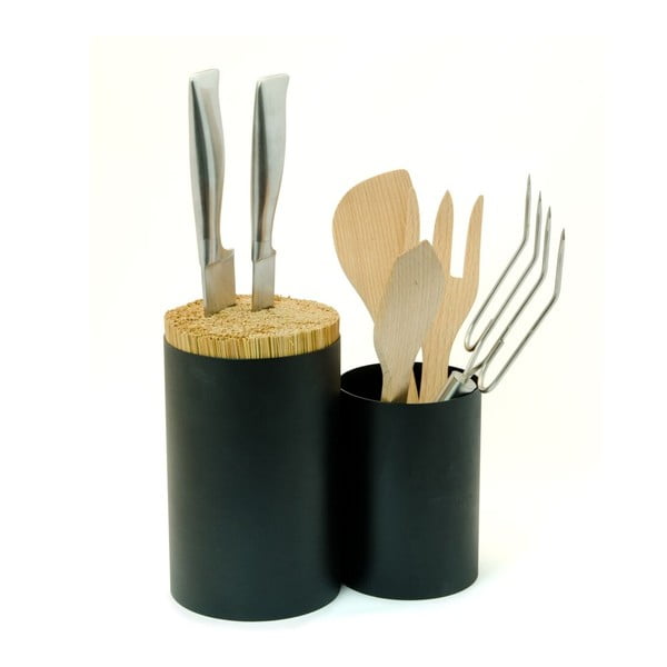 Černý blok na nože a kuchyňské náčiní z bambusového dřeva Wireworks Knife&Spoon