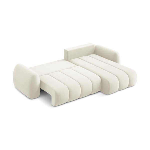 Béžová rozkládací/s úložným prostorem rohová pohovka z textilie bouclé (pravý roh/s lenoškou) Pele – Makamii-image-4