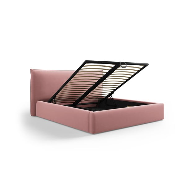 Růžová čalouněná dvoulůžková postel s úložným prostorem a roštem 140x200 cm Elio – Milo Casa-image-2