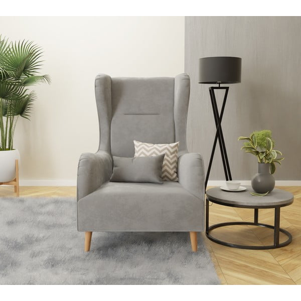 Světle šedé sametové křeslo ušák Carole – Ropez-image-4