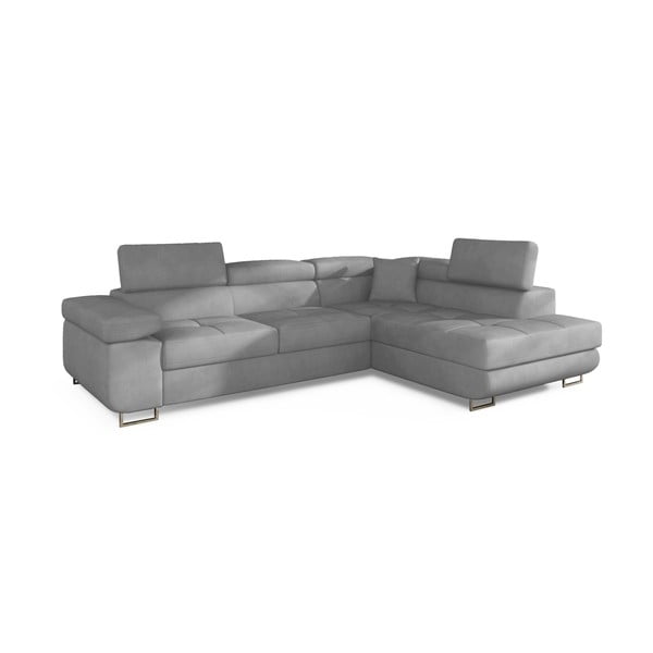 Světle šedá sametová rozkládací/s úložným prostorem rohová pohovka (pravý roh/do L) Anton – ELTAP-image-2