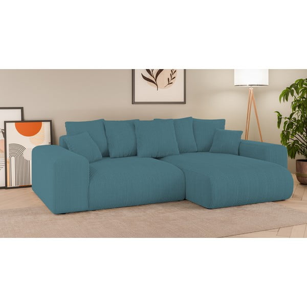 Tyrkysová manšestrová rozkládací/s úložným prostorem rohová pohovka Luma – Ropez-image-1