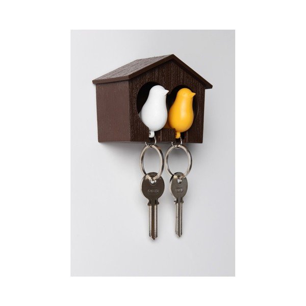 Hnědý věšáček na klíče s bílou a žlutou klíčenkou Qualy Duo Sparrow-image-1