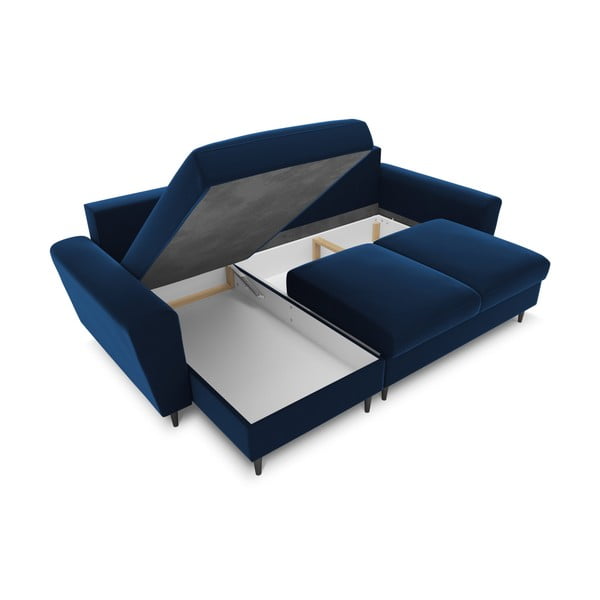 Modrá sametová rozkládací/s úložným prostorem rohová pohovka Kyoto – Cosmopolitan Design-image-2