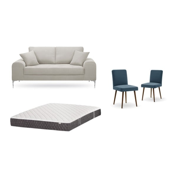 Set dvoumístné krémové pohovky, 2 modrých židlí a matrace 140 x 200 cm Home Essentials