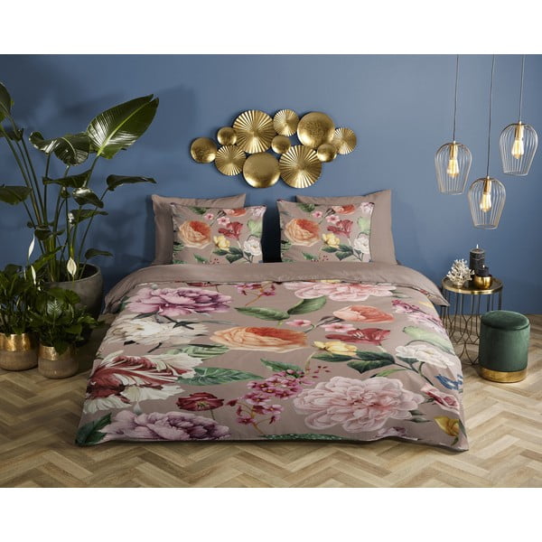 Šedé/hnědé povlečení na dvoulůžko/prodloužené z bavlněného saténu 240x220 cm Fiori – Descanso-image-1