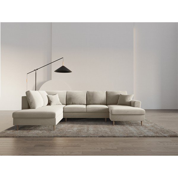 Béžová sametová rozkládací/s úložným prostorem rohová pohovka (levý roh/do "U") Kyoto – Cosmopolitan Design-image-2