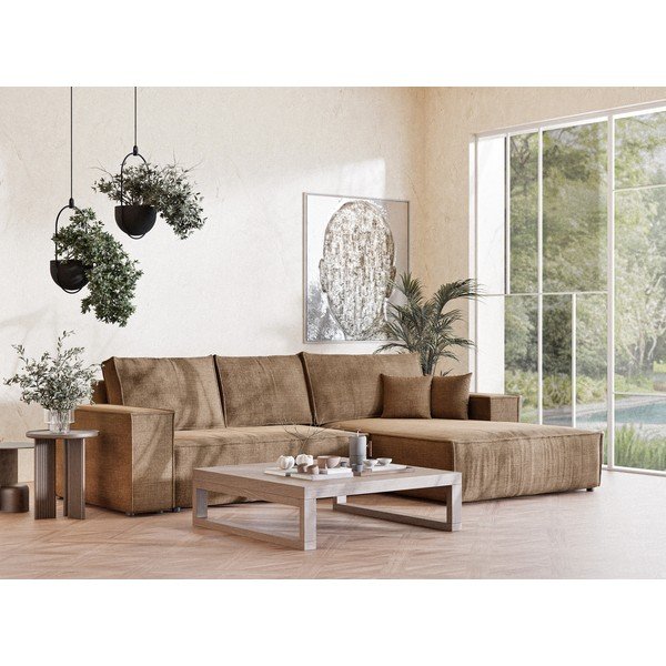 Světle hnědá žinylková rozkládací/s úložným prostorem rohová pohovka (pravý roh/s lenoškou) Maze – Maison de Rêve-image-1