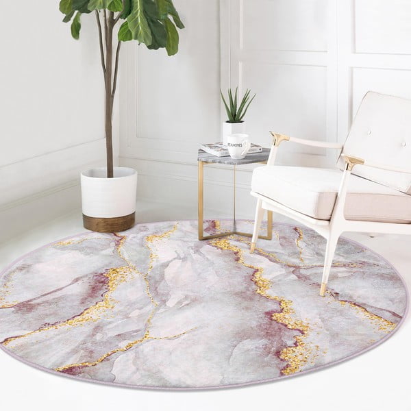 Světle růžový/ve zlaté barvě pratelný kulatý koberec ø 100 cm Marble – Mila Home-image-2