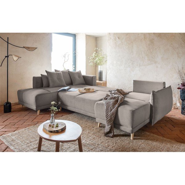 Světle hnědá manšestrová rozkládací rohová pohovka (levý roh/do "U") Lazy Lukka – Miuform-image-1