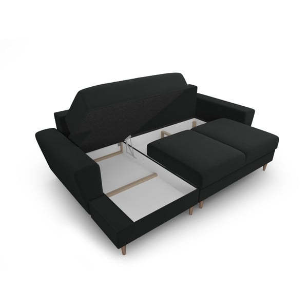 Černá sametová rozkládací/s úložným prostorem rohová pohovka (levý roh/s lenoškou) Kyoto – Cosmopolitan Design-image-3