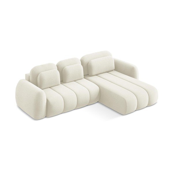 Béžová rozkládací/s úložným prostorem rohová pohovka z textilie bouclé (pravý roh/s lenoškou) Pele – Makamii-image-2