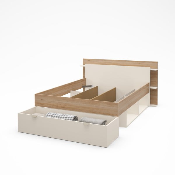 Dvoulůžková postel v dekoru dubu s úložným prostorem bez roštu v bílo-přírodní barvě 140x190 cm Albo – Marckeric-image-4