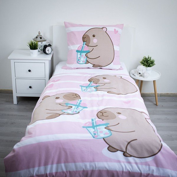 Růžové bavlněné dětské povlečení na jednolůžko 140x200 cm Kapybara – Jerry Fabrics-image-1