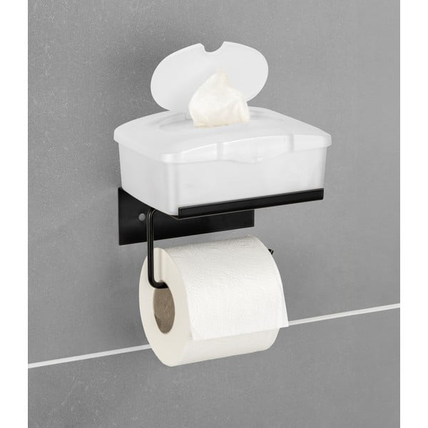 Černý samodržící kovový držák na toaletní papír s poličkou Desulo – Wenko-image-1