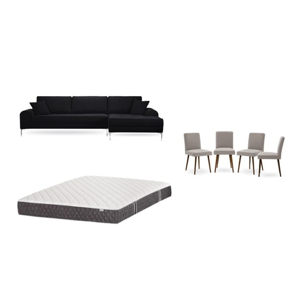 Set černé pohovky s lenoškou vpravo, 4 šedobéžových židlí a matrace 160 x 200 cm Home Essentials