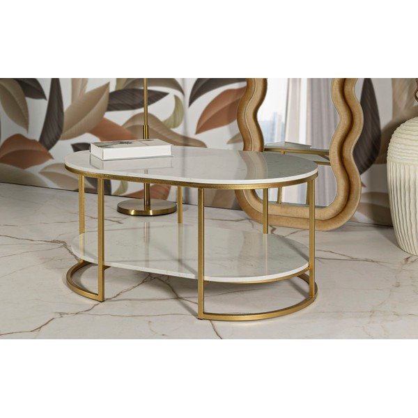 Bílý/ve zlaté barvě konferenční stolek s mramorovou deskou  60x90 cm Izmir – Mauro Ferretti-image-1