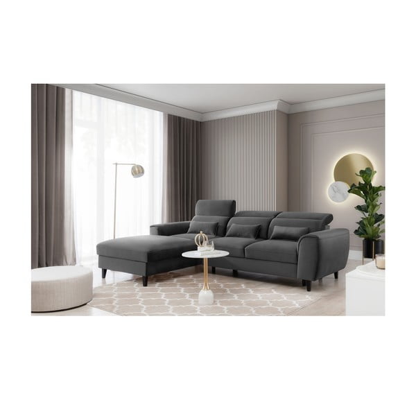 Tmavě šedá sametová rozkládací/s úložným prostorem rohová pohovka (levý roh/s lenoškou) Foble – ELTAP-image-3