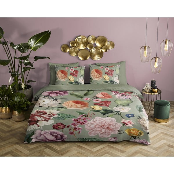 Zelené povlečení na jednolůžko/prodloužené z bavlněného saténu 140x220 cm Fiori – Descanso-image-1