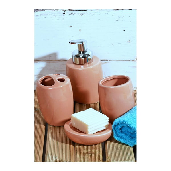 Růžový koupelnový set z keramiky