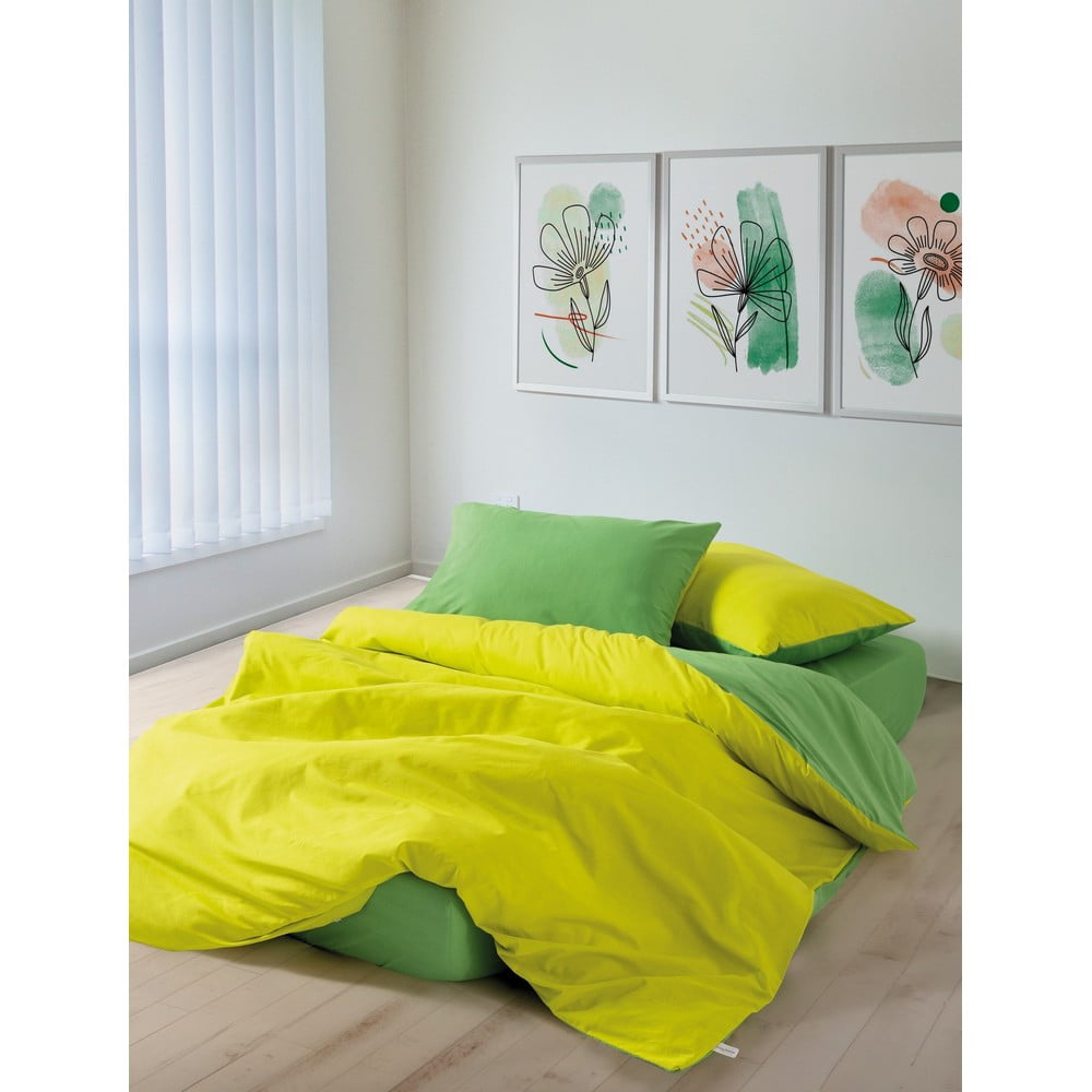 Žluté/zelené povlečení na dvoulůžko/prodloužené z bavlny Renforcé s prostěradlem/4dílné 200x220 cm Sage – Mijolnir