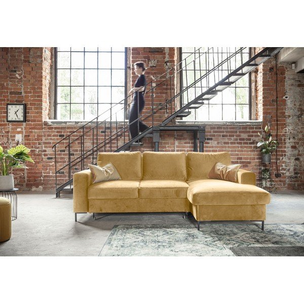 Hořčicově žlutá sametová rozkládací rohová pohovka Miuform Lofty Lilly, pravý roh-image-1