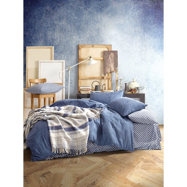 Sada tmavě modrého povlečení s prostěradlem a přehozem přes postel Cotton Box Denim, 200 x 220 cm