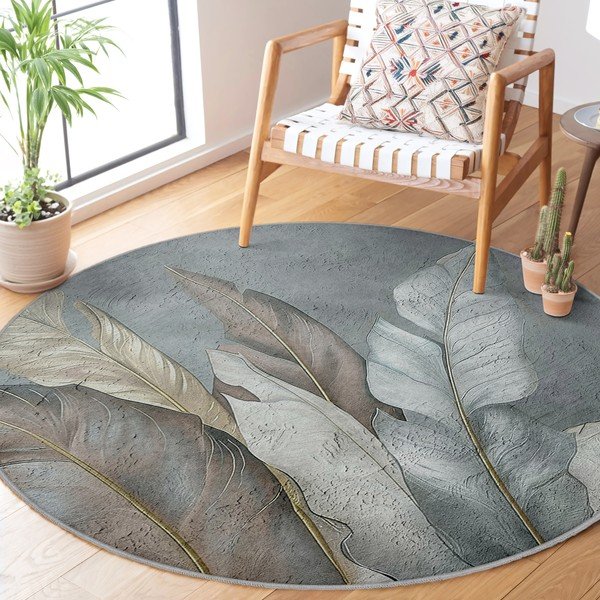 Zeleno-šedý pratelný kulatý koberec ø 100 cm Dusty Leaves – Mila Home-image-2