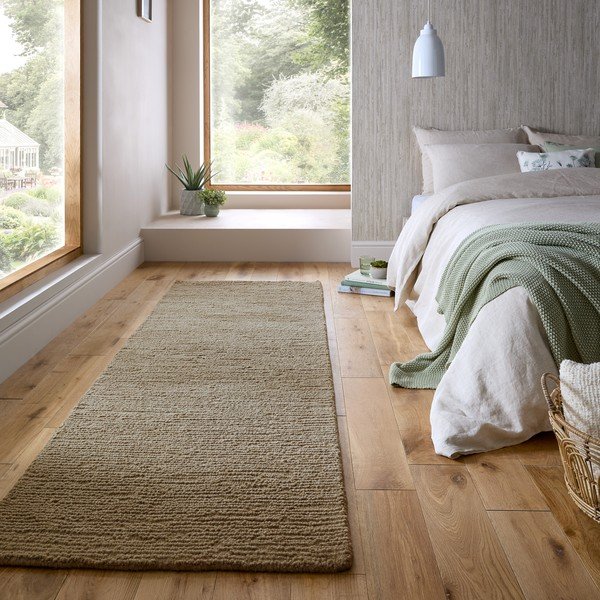 Khaki ručně tkaný vlněný běhoun 80x230 cm Harris Boucle – Flair Rugs-image-1