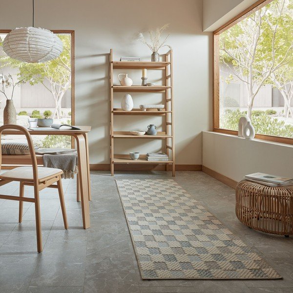 Modrý pratelný běhoun s příměsí bavlny 80x230 cm Muted Checkerboard – Flair Rugs-image-1