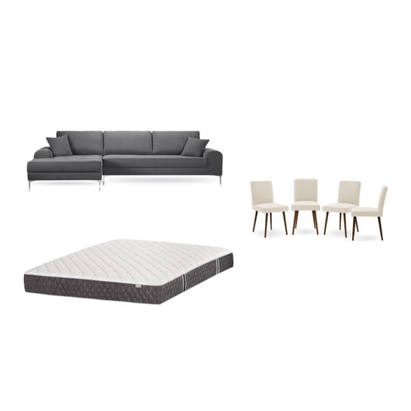 Set šedé pohovky s lenoškou vlevo, 4 krémových židlí a matrace 160 x 200 cm Home Essentials