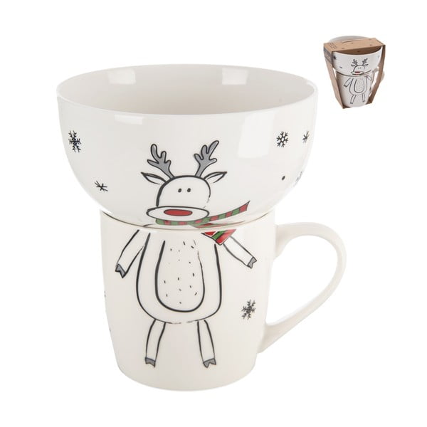 Bílý porcelánový set hrnku a misky s vánočním motivem 2 ks 350 ml – Orion
