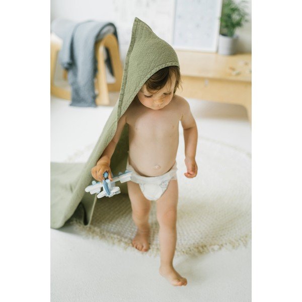 Dětská zelená osuška s kapucí Linen Tales Waffle, 100 x 100 cm-image-3