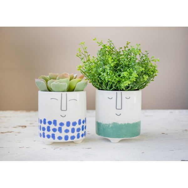 Bílo-zelený keramický květináč Kitchen Craft Happy Face-image-1