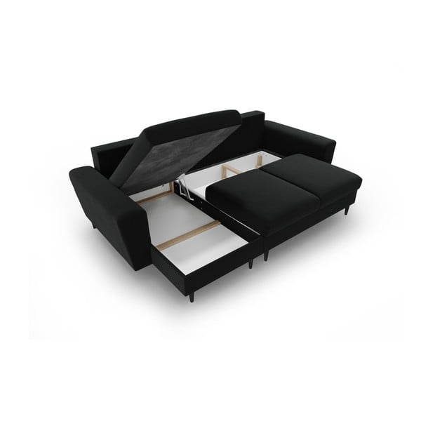 Černá sametová rozkládací/s úložným prostorem rohová pohovka Kyoto – Cosmopolitan Design-image-3