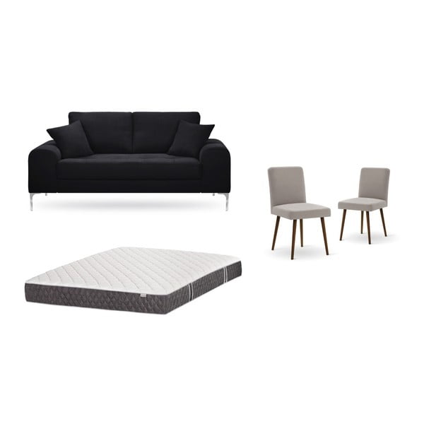 Set dvoumístné černé pohovky, 2 šedobéžových židlí a matrace 140 x 200 cm Home Essentials