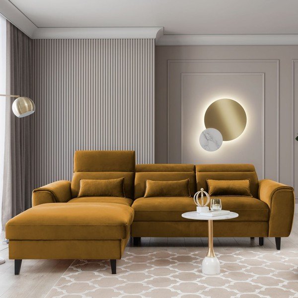 Žlutá sametová rozkládací/s úložným prostorem rohová pohovka (levý roh/s lenoškou) Foble – ELTAP-image-1