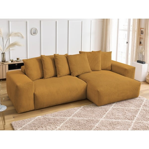 Manšestrová rozkládací/s úložným prostorem rohová pohovka v hořčicové barvě Voltaire – Bobochic Paris-image-4