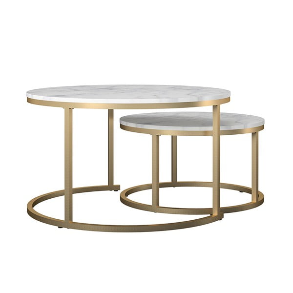 Bílé/ve zlaté barvě kulaté konferenční stolky v sadě 2 ks s deskou v dekoru mramoru ø 79 cm Amelia – CosmoLiving by Cosmopolitan
