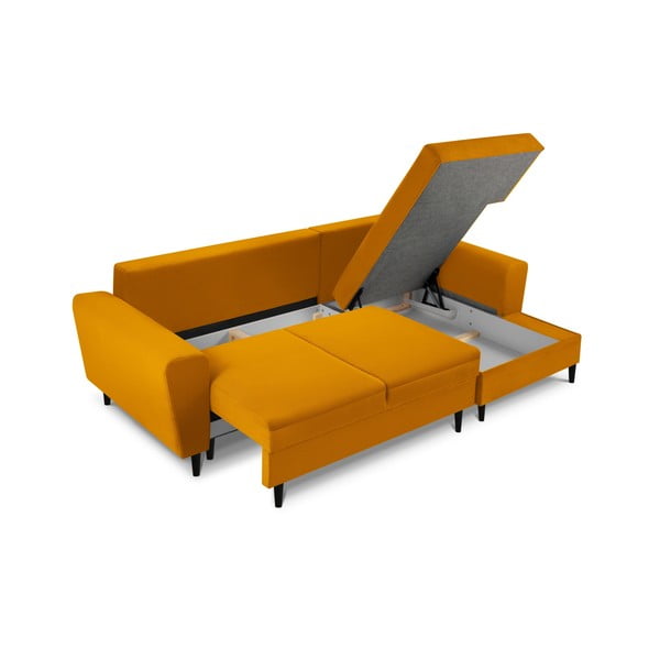 Manšestrová rozkládací/s úložným prostorem rohová pohovka v hořčicové barvě (pravý roh/s lenoškou) Kyoto – Cosmopolitan Design-image-3