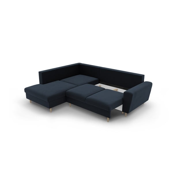 Tmavě modrá sametová rozkládací/s úložným prostorem rohová pohovka (levý roh/do L) Kyoto – Cosmopolitan Design-image-3