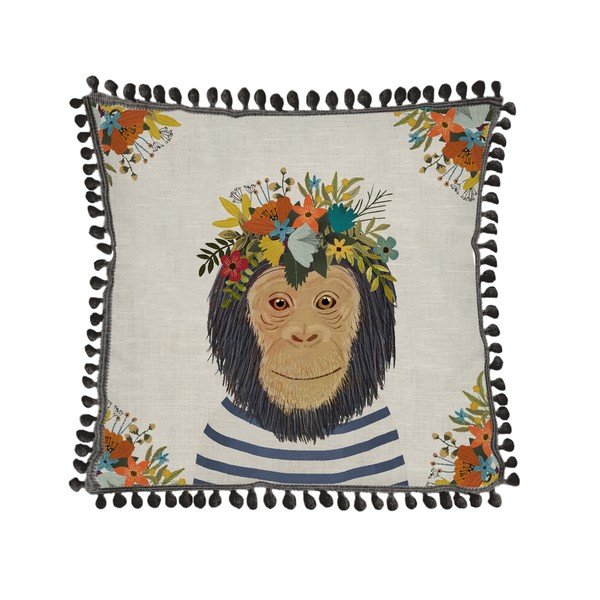 Polštář s příměsí lnu Really Nice Things Floral Monkey, 45 x 45 cm