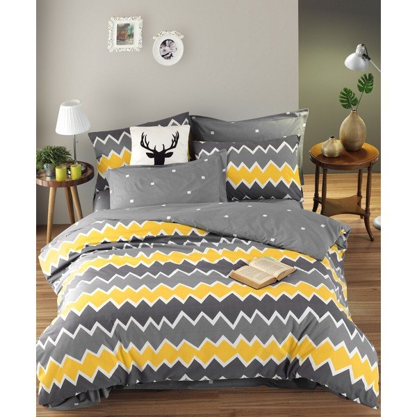 Žluto-šedé prodloužené bavlněné povlečení na dvoulůžko s prostěradlem a přehozem 240x260 cm Zigros – Mijolnir-image-1