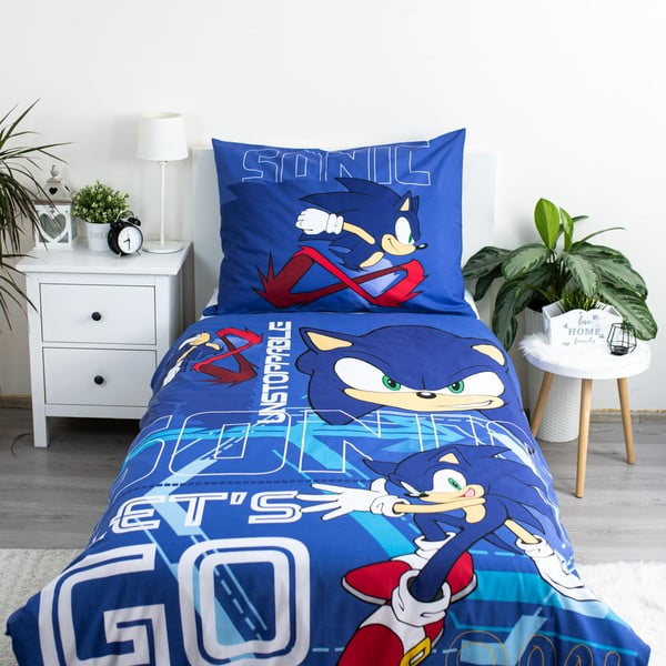 Modré bavlněné dětské povlečení na jednolůžko 140x200 cm Sonic "Let´s go" – Jerry Fabrics-image-1