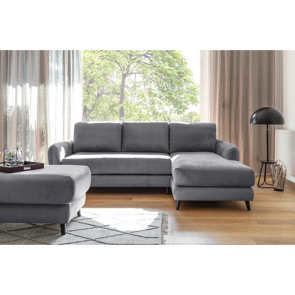 Světle šedá sametová rohová pohovka s podnožkou Miuform Cosy Claire, pravý roh-image-2