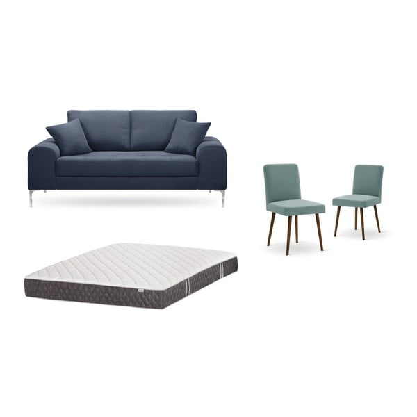 Set dvoumístné tmavě modré pohovky, 2 šedozelených židlí a matrace 140 x 200 cm Home Essentials