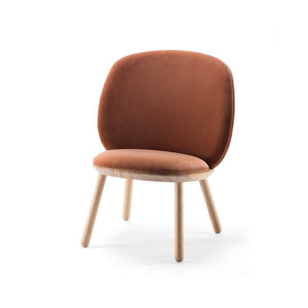 Terakotově oranžové sametové křeslo s konstrukcí z jasanového dřeva a koženými detaily EMKO Naïve-image-4